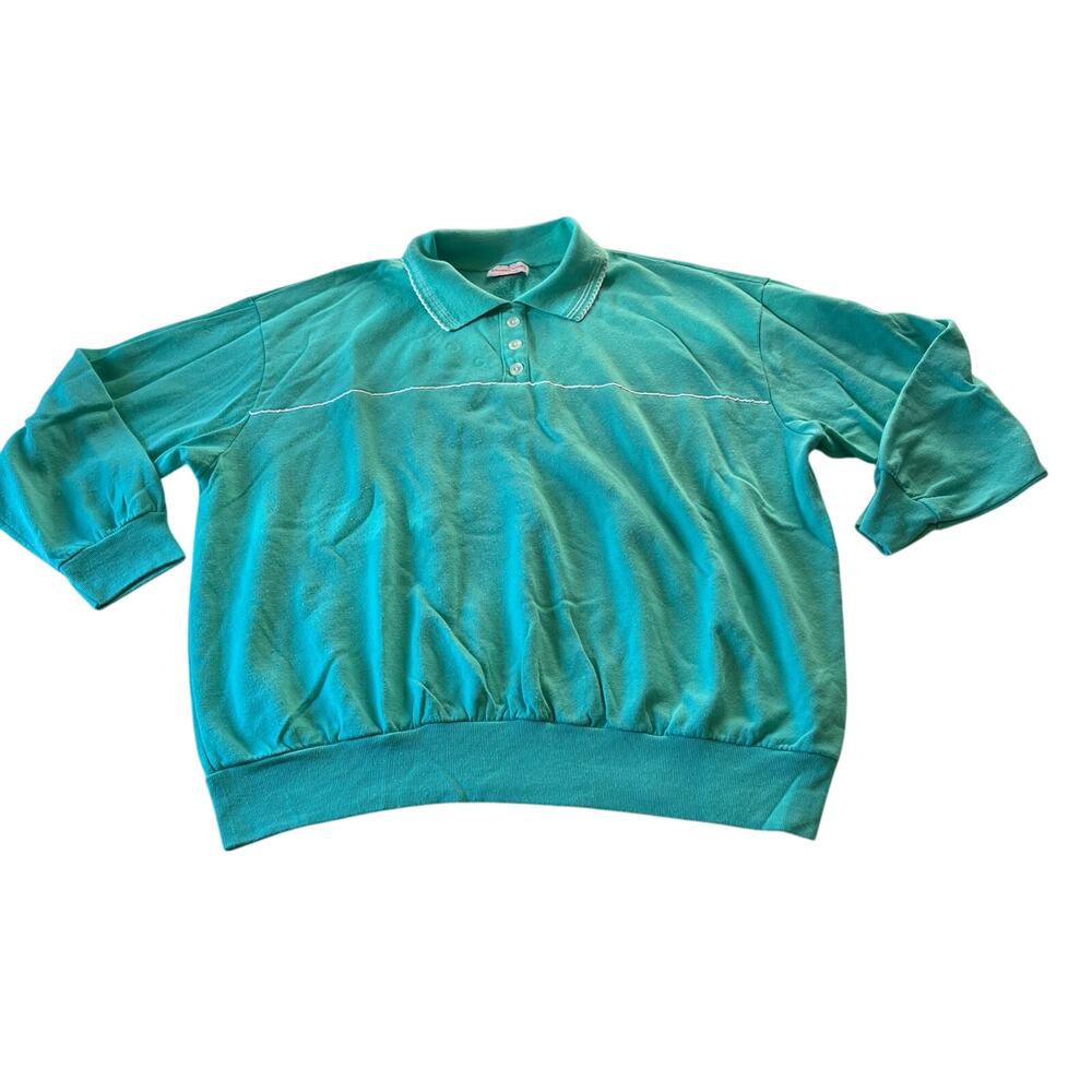 Vtg Y2K 2000s Teal Collar Pullover Sweatshirt Scallop Cottagecore Plus Sz 3X